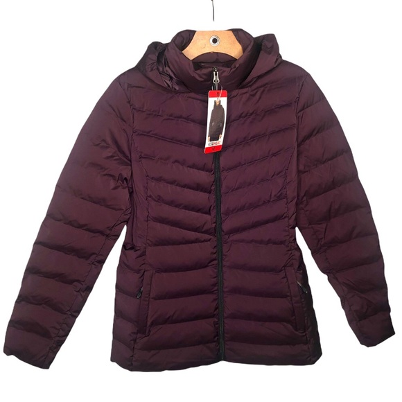 32 Degrees Hooded Stretch Puffer Jacket Zip Pockets Packable Berry Medium New - Picture 2 of 12